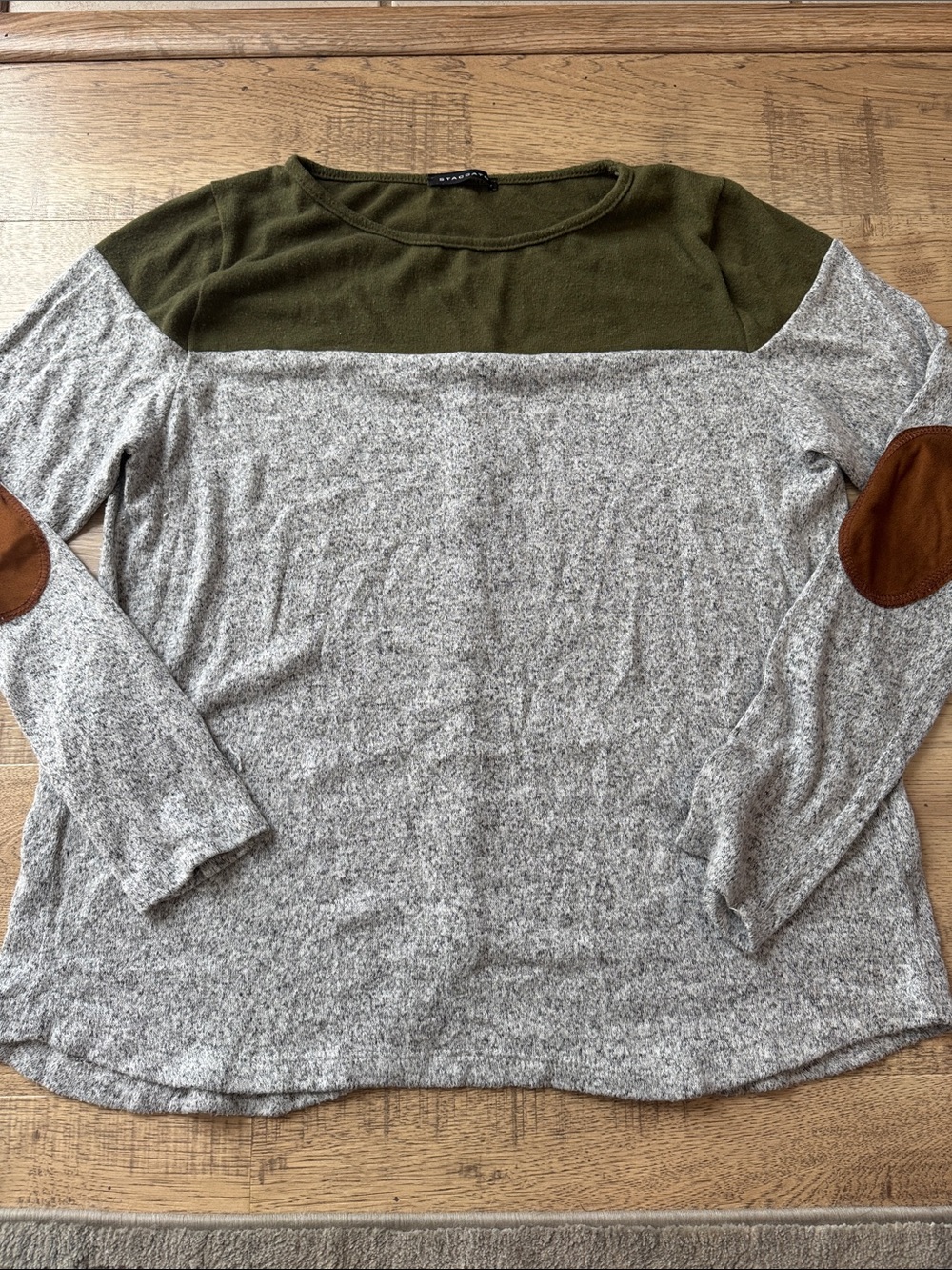 Staccato Olive & Gray Colorblock Long Sleeve Top with Brown Elbow Patches